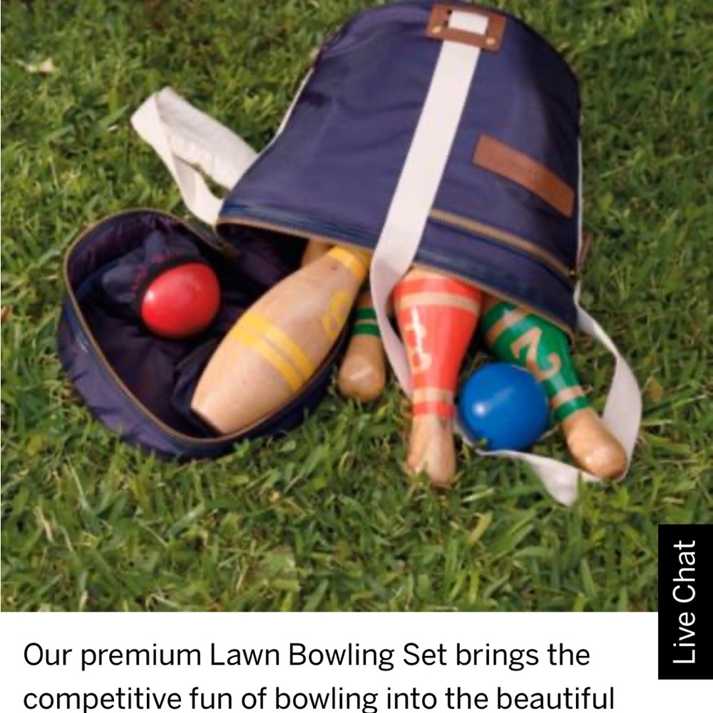 Frontgate lawn bowling set. Heavy duty wood pins. NWOT aka skittles 9 pin